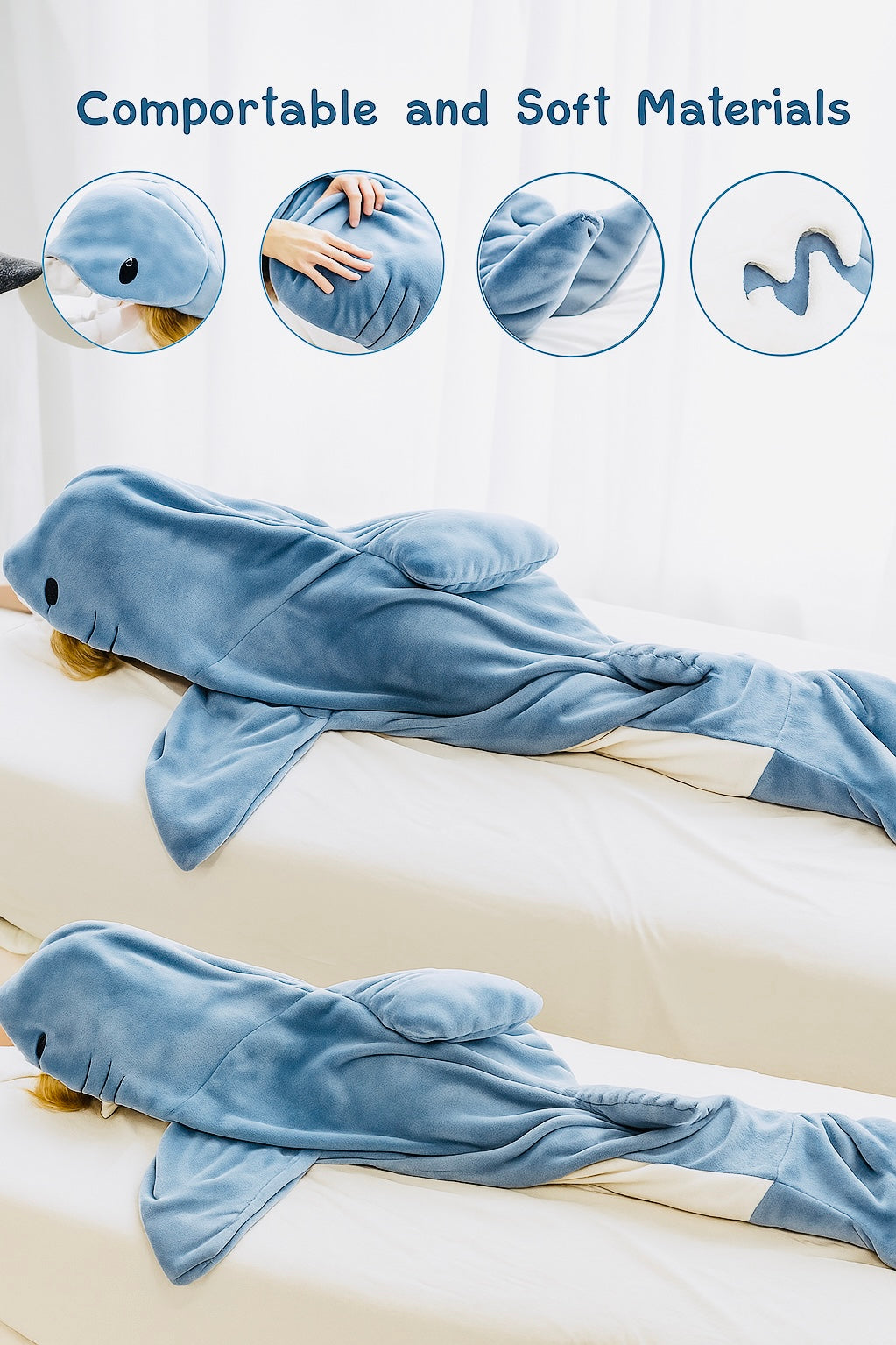 Plush Shark Blanket Bag Pajamas Unisex Flannel Hoodie Cozy Wearable Blanket Costume sleeing bag with hood and fins.