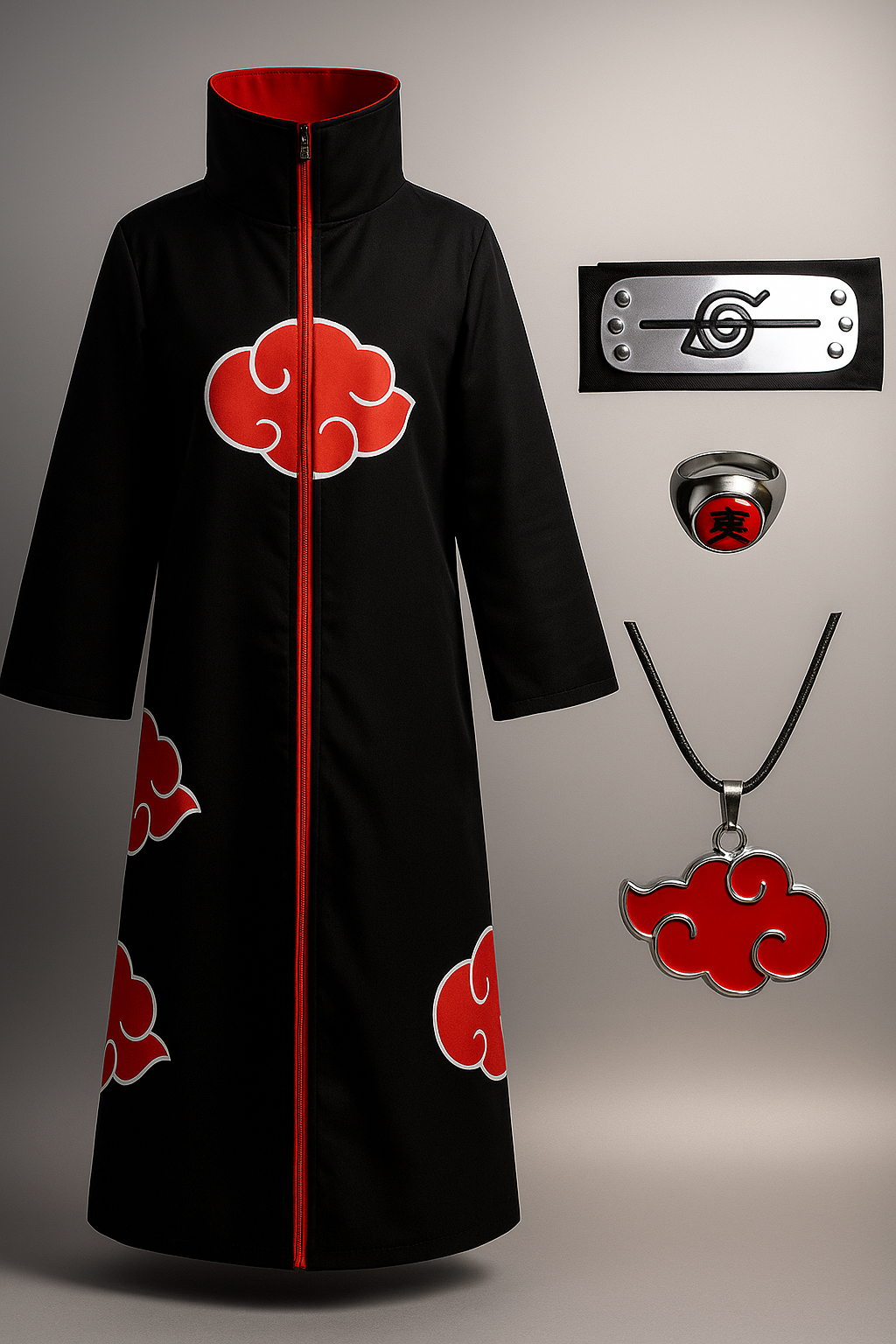 Uchiha Itachi Akatsuki Cloak Cosplay Costume 4 piece with Headband Ring Necklace cosplay For Adults Size L Black