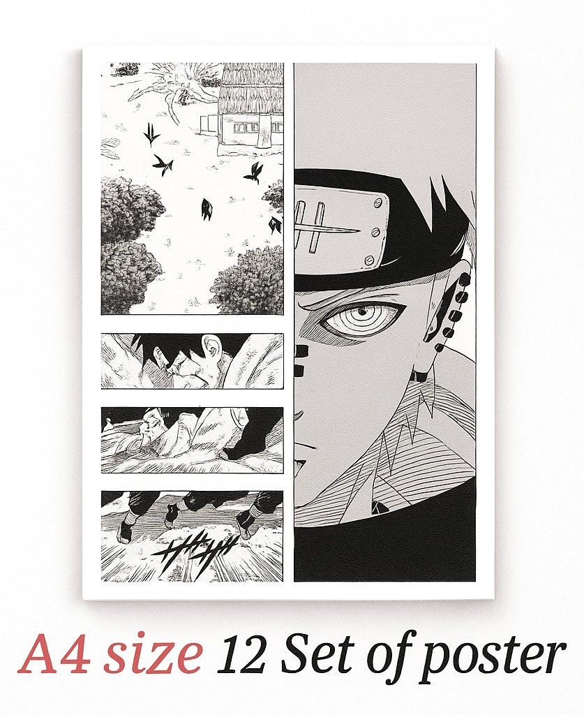 Poster set of Itachi Uchiha 12 Manga Style A4 Panels for Wall Art Illustration for Anime Fans