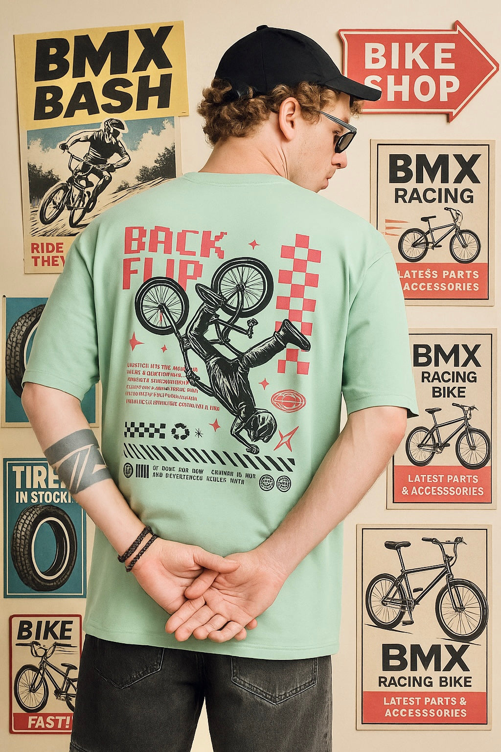 Mint Green BMX Bio washed Down hill game inspired Oversized T-Shirt – Puff Printed, Premium Cotton