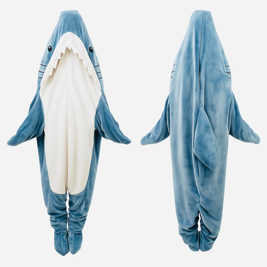 Plush Shark Blanket Bag Pajamas Unisex Flannel Hoodie Cozy Wearable Blanket Costume sleeing bag with hood and fins.