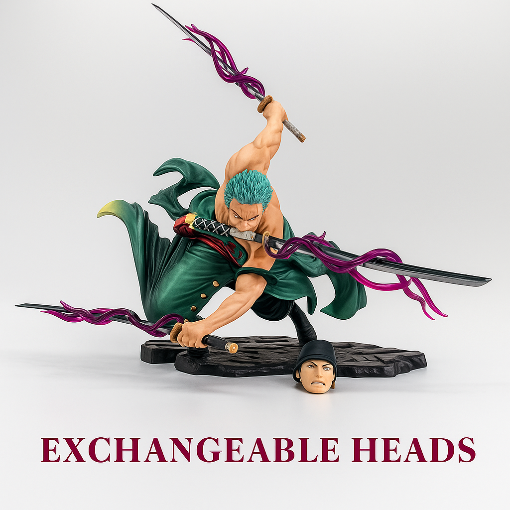 🗡️ One Piece Roronoa Zoro Action Figure | 18cm Height | Black Base Edition | Dual Head Variant | Authentic & Highly Detailed Replica
