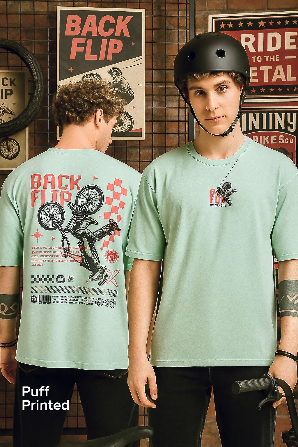 Mint Green BMX Bio washed Down hill game inspired Oversized T-Shirt – Puff Printed, Premium Cotton
