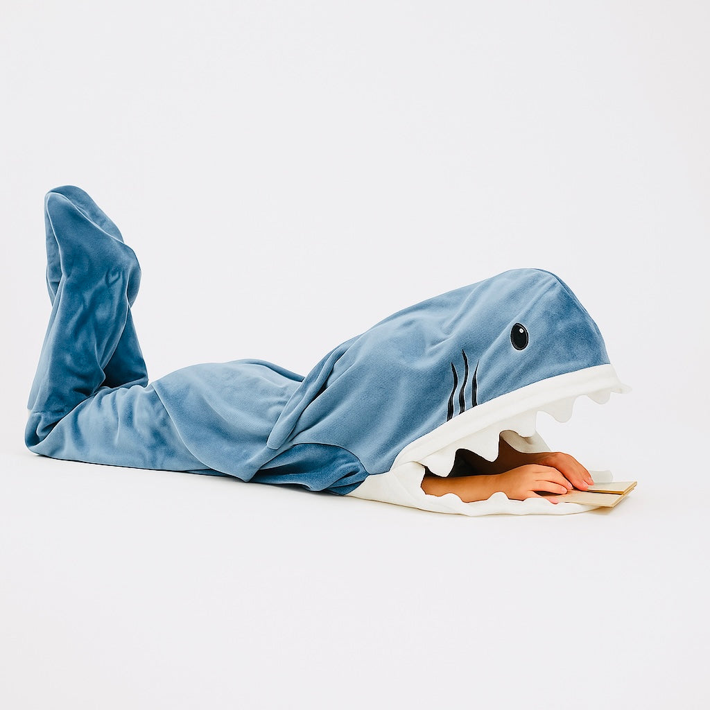 Plush Shark Blanket Bag Pajamas Unisex Flannel Hoodie Cozy Wearable Blanket Costume sleeing bag with hood and fins.