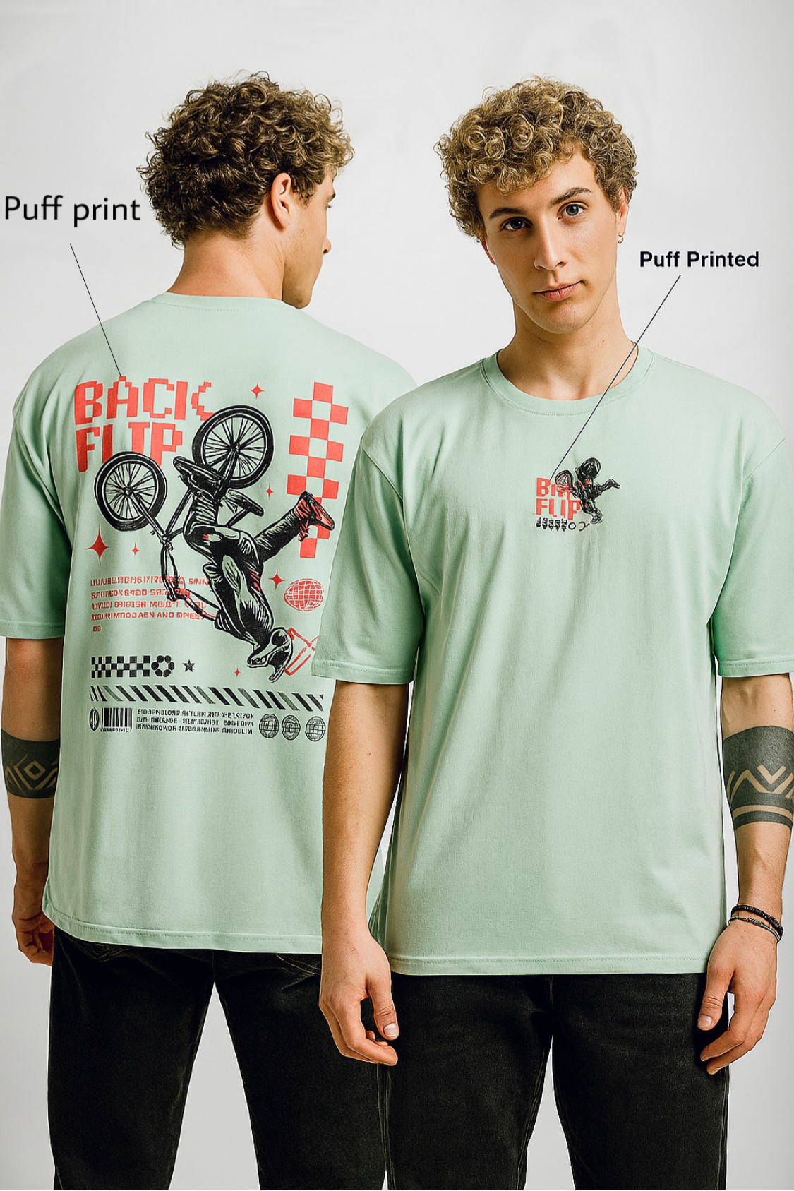 Mint Green BMX Bio washed Down hill game inspired Oversized T-Shirt – Puff Printed, Premium Cotton