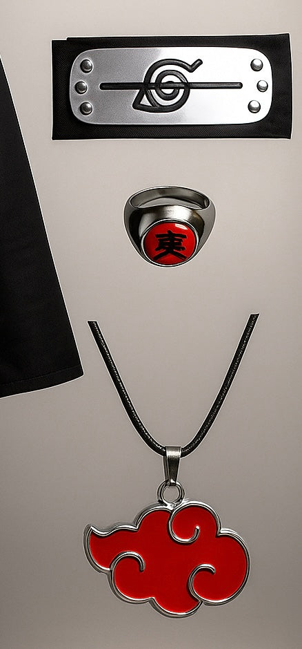 Uchiha Itachi Akatsuki Cloak Cosplay Costume 4 piece with Headband Ring Necklace cosplay For Adults Size L Black