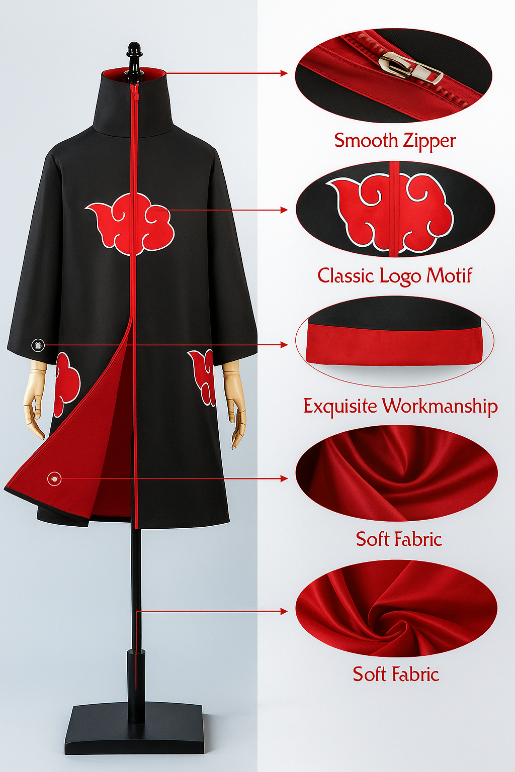 Uchiha Itachi Akatsuki Cloak Cosplay Costume 4 piece with Headband Ring Necklace cosplay For Adults Size L Black